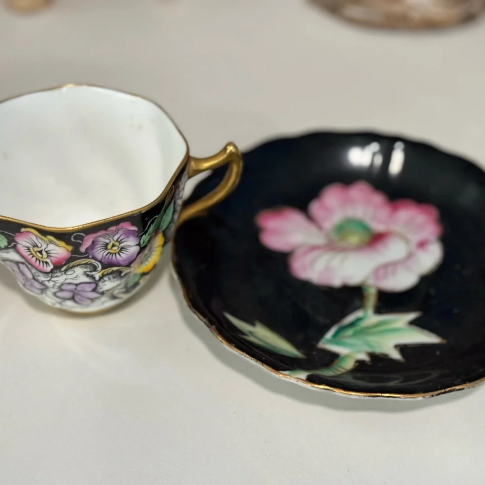 Royal White China tea cup and saucer black with pink floral